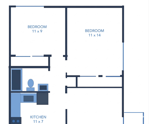 Floor plan for 2 beds, 1 bath, 840 sqft